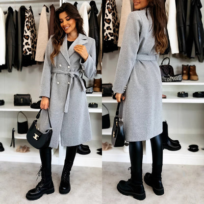Damen eleganter Knielanger Trenchcoat mit Gürtel und doppelter Knopfleiste Stalluxe
