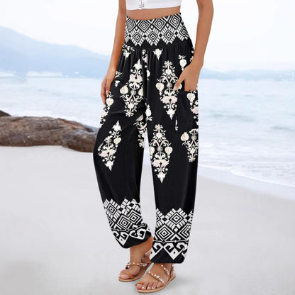 Damen weite Palazzo-Hose mit buntem Paisleymuster und elastischem Bund Stalluxe