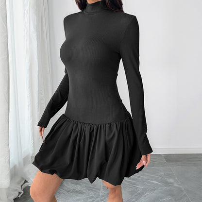 Damen figurbetontes Kleid mit Stehkragen und voluminösem Rock Stalluxe