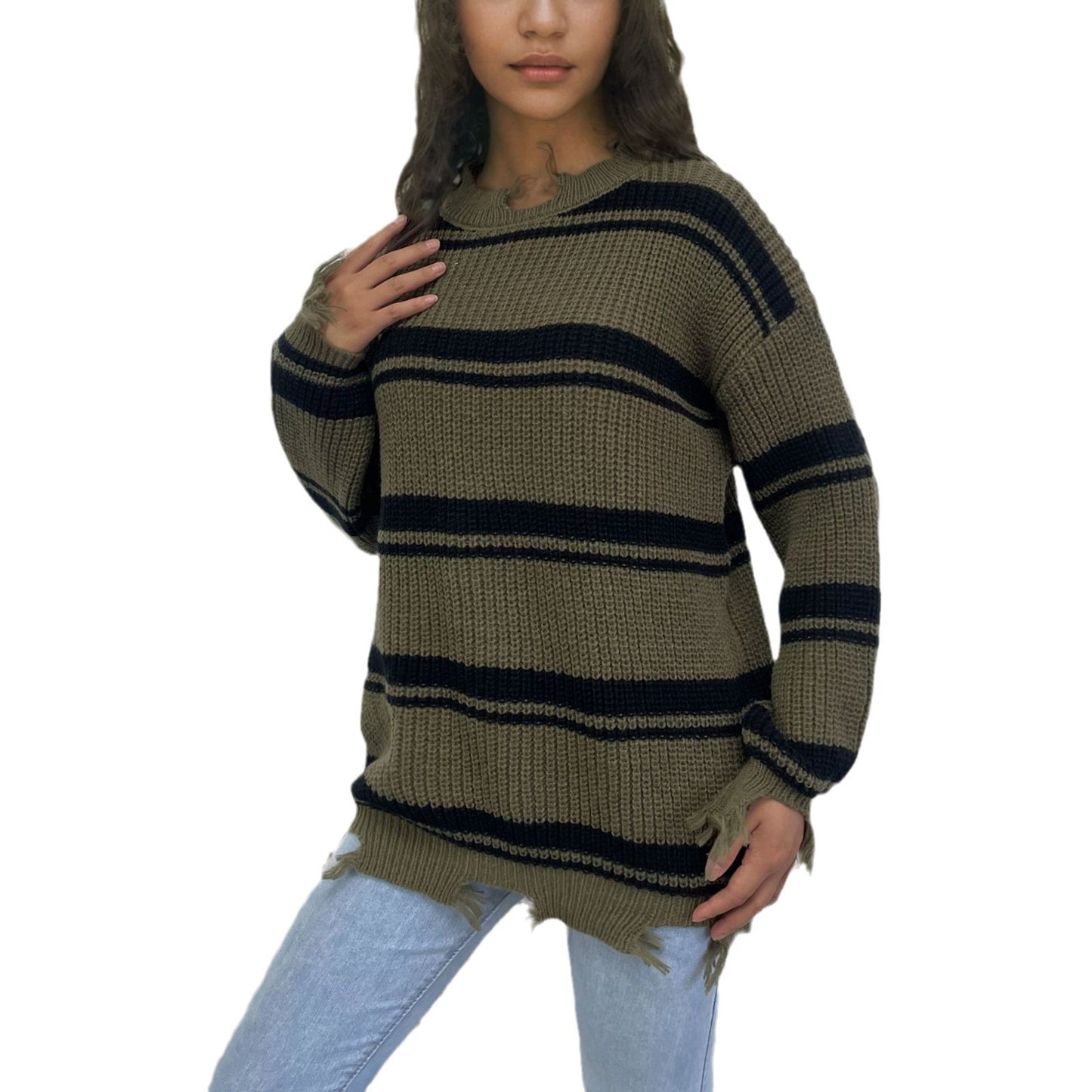 Damen Grob gestrickter Oversized Pullover mit Fransen und Querstreifen Stalluxe