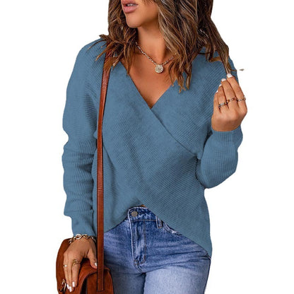 Damen lässiger Wickel-Pullover mit tiefem V-Ausschnitt und strukturiertem Gewebe Stalluxe
