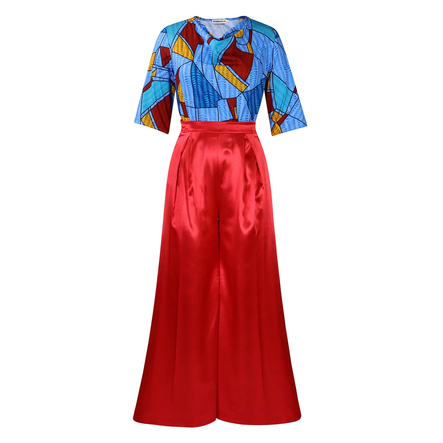 Damen Eleganter Jumpsuit mit auffälligem geometrischem Muster und weitem Bein Stalluxe Rot