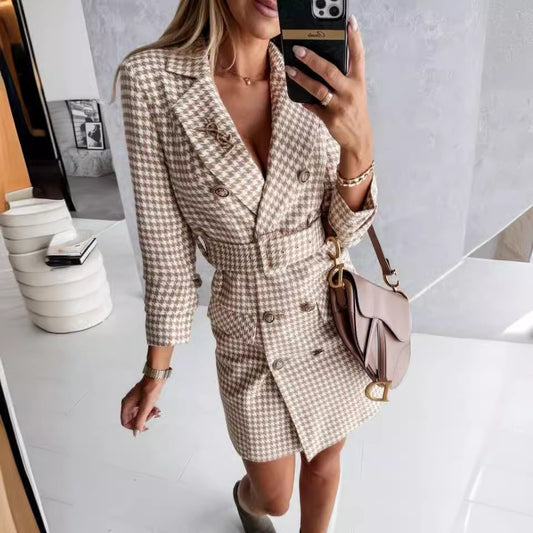 Damen eleganter Karomantel mit Taillengürtel Stalluxe
