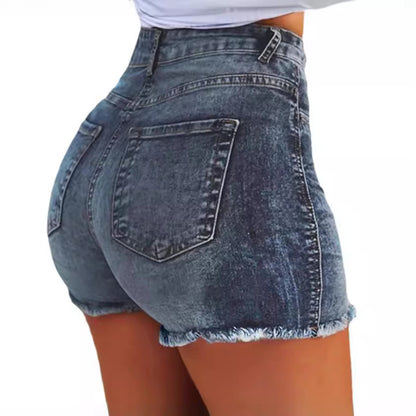 Damen Hochtaillierte Jeans-Shorts mit fransigem Saum Stalluxe