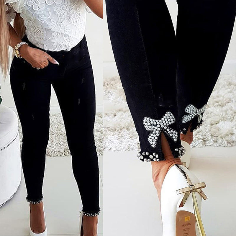 Damen Skinny Jeans mit Perlen- und Schleifendetails Stalluxe