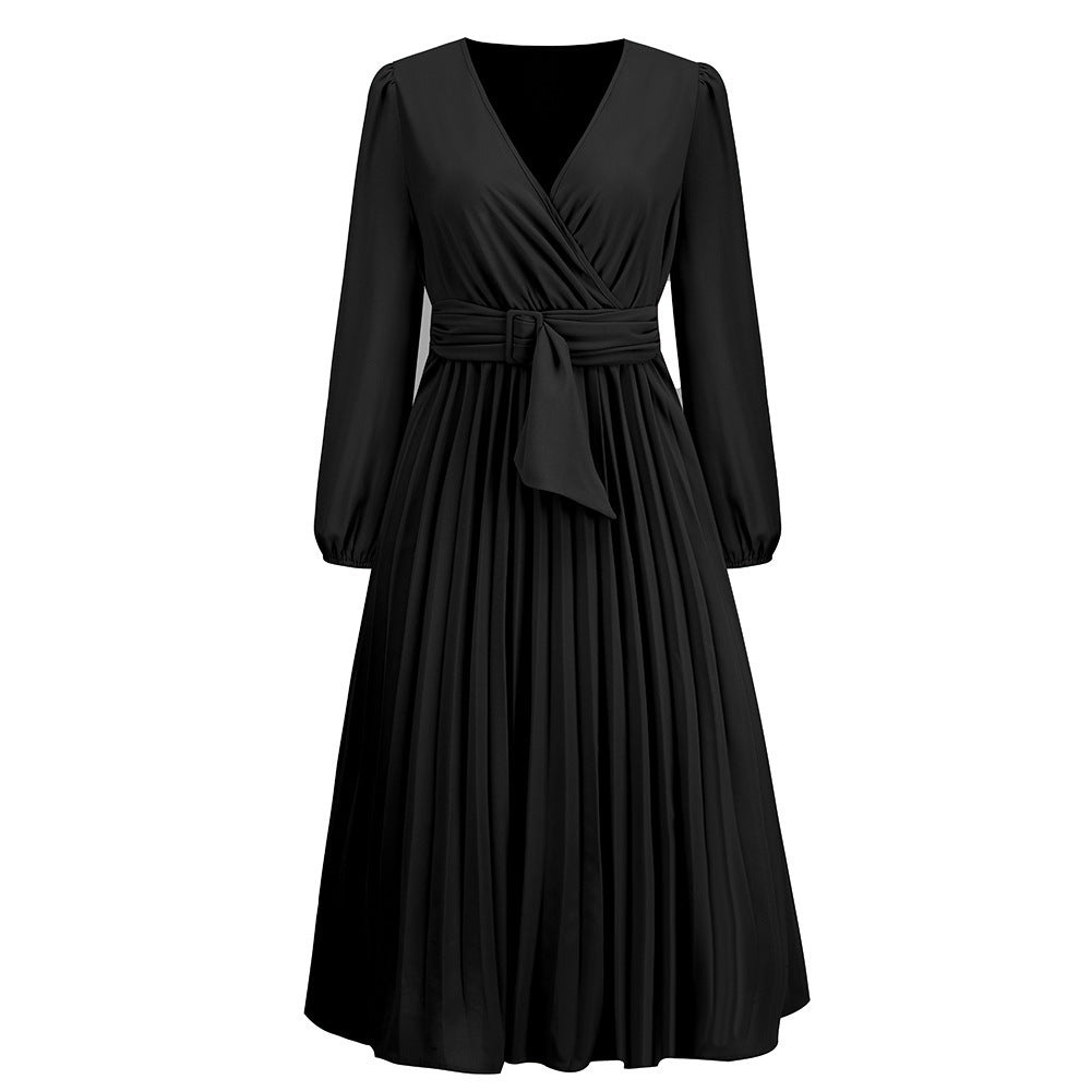 Damen Plissiertes Wickelkleid mit elegantem V-Ausschnitt und Taillengürtel Stalluxe Schwarz