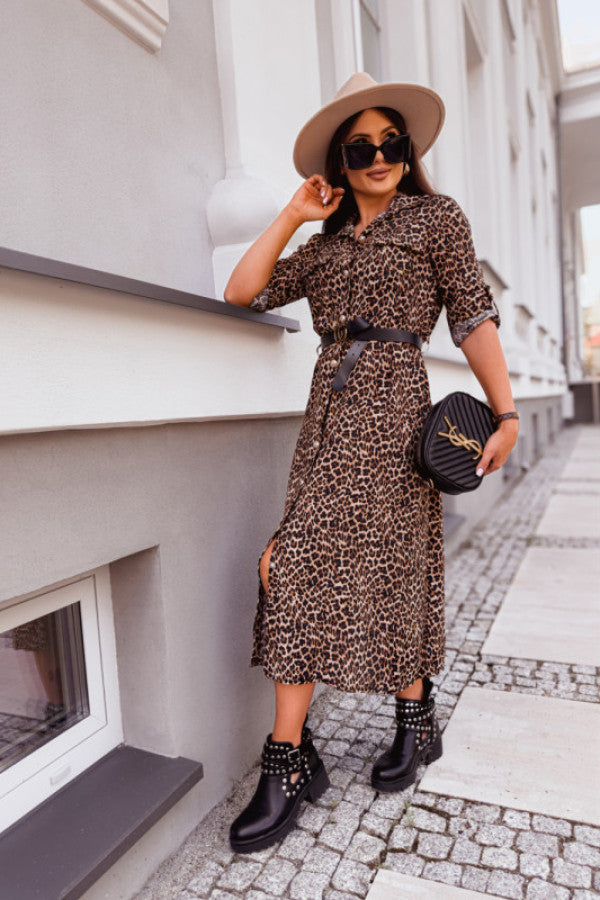 Damen Midi-Kleid mit Tiermuster und Gürtel Stalluxe