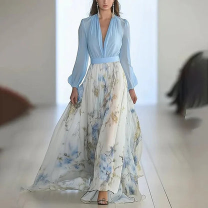 Damen Elegantes Maxikleid mit floralem Print und tiefem V-Ausschnitt Stalluxe