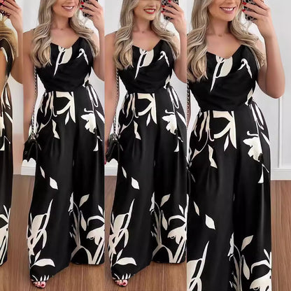 Damen Jumpsuit mit elegantem Wickeloberteil und farbenfrohem Blattdesign Stalluxe