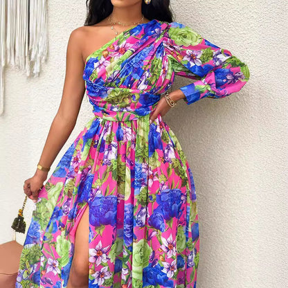Damen Exquisites One-Shoulder Maxikleid mit floralem Design und Schlitz Stalluxe