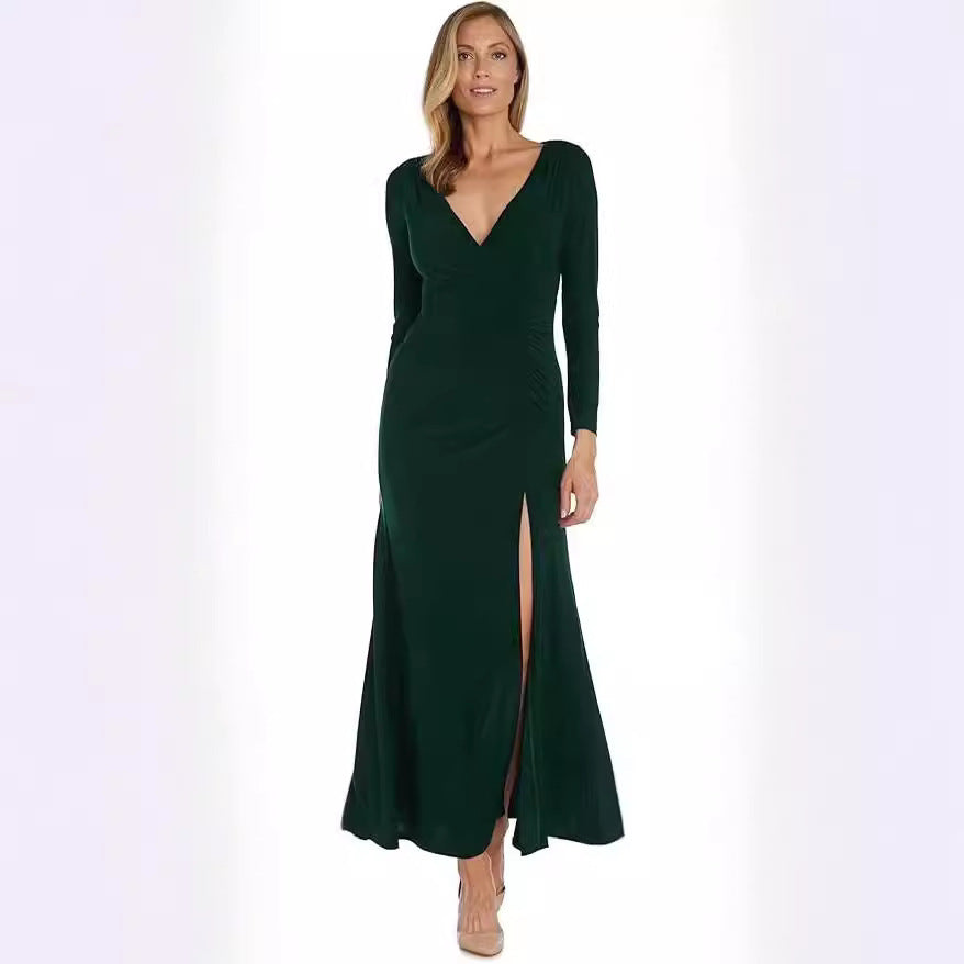 Damen elegantes Maxikleid mit tiefem V-Ausschnitt und seitlichem Schlitz Stalluxe