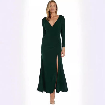 Damen elegantes Maxikleid mit tiefem V-Ausschnitt und seitlichem Schlitz Stalluxe