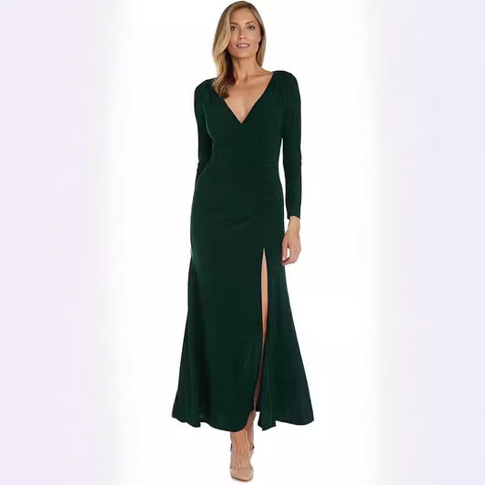 Damen elegantes Maxikleid mit tiefem V-Ausschnitt und seitlichem Schlitz Stalluxe