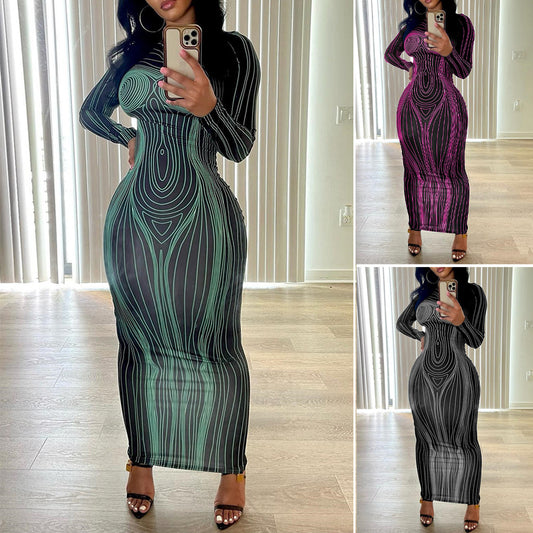 Damen Langarm Maxikleid mit figurformender Linienstruktur Stalluxe