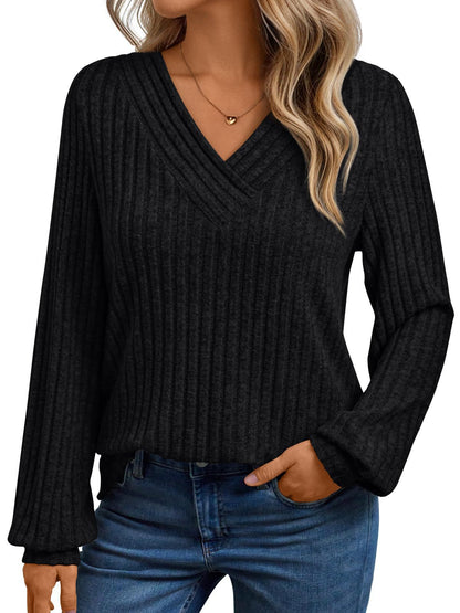 Damen gemütliches Langarmshirt mit strukturiertem V-Ausschnitt Stalluxe