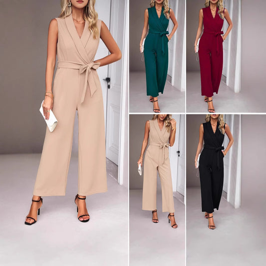 Damen Eleganter Jumpsuit mit Wickeloptik und Taillengürtel Stalluxe