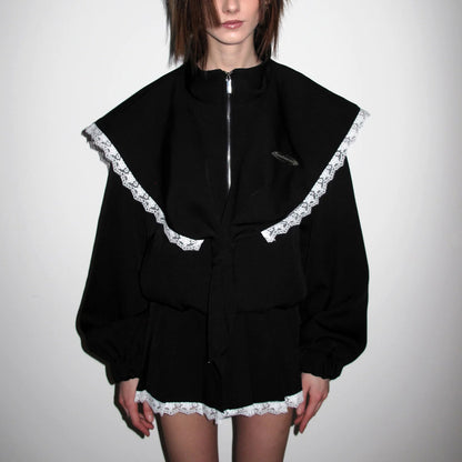 Damen Oversized Jacke mit dekorativem Spitzenkragen und bindbarem Gürtel Stalluxe Schwarz