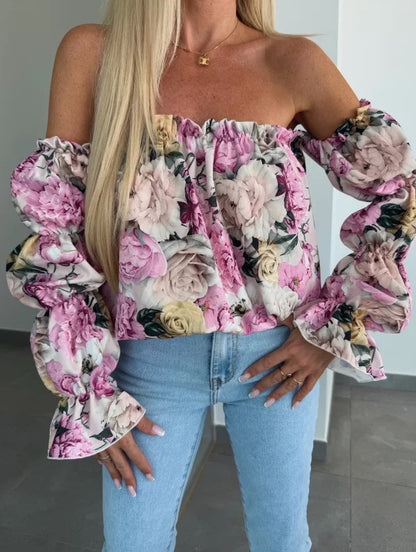 Damen verspielt blumige Off-Shoulder Bluse mit voluminösen Ärmeln Stalluxe
