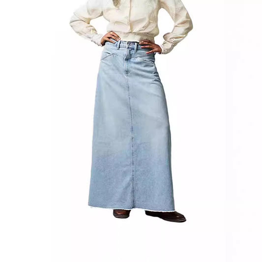 Damen Maxirock aus Denim mit asymmetrischem Saum und bequemen Taschen Stalluxe