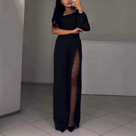 Women's Asymmetrical One-Shoulder Jumpsuit with Sequined Panel Stalluxe