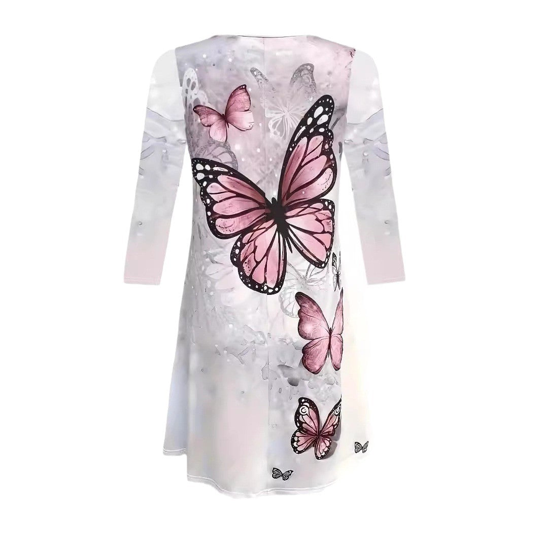 Damen Kleid mit kunstvollem Schmetterlingsdruck und luftiger Silhouette Stalluxe