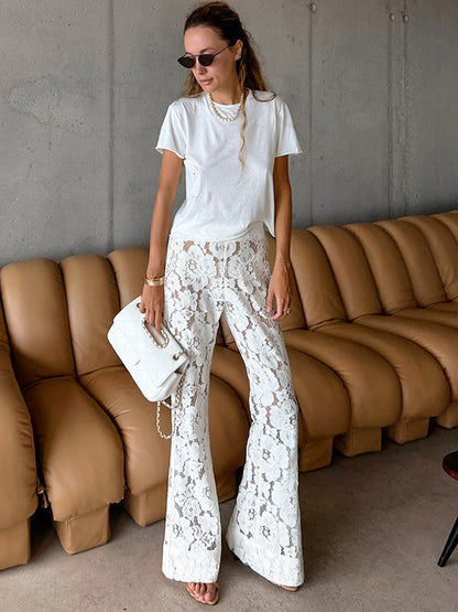 Damen Elegante Schlaghose aus floralem Spitzenmaterial Stalluxe