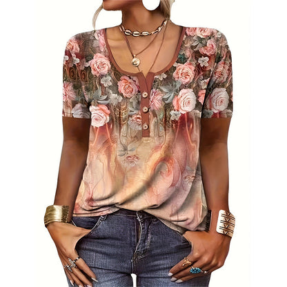 Damen Kurzarmshirt mit floralem Herzdesign und Knopfleiste Stalluxe
