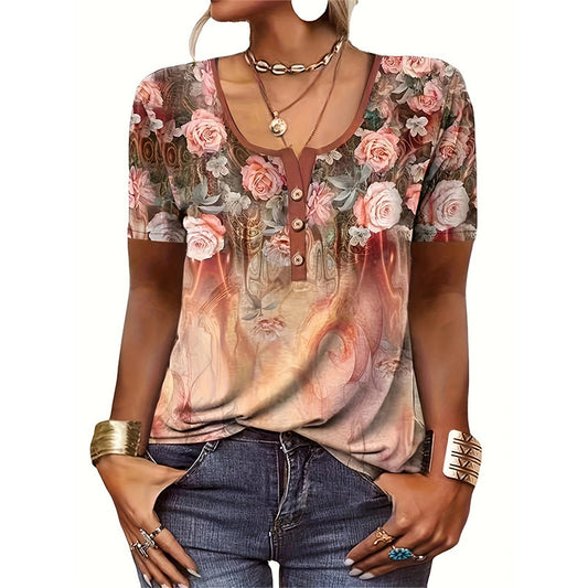 Damen Kurzarmshirt mit floralem Herzdesign und Knopfleiste Stalluxe