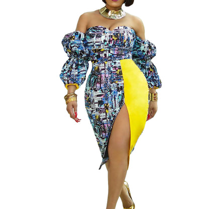 Damen modernes Cocktailkleid mit voluminösen Ärmeln und farbenfrohem Muster Stalluxe