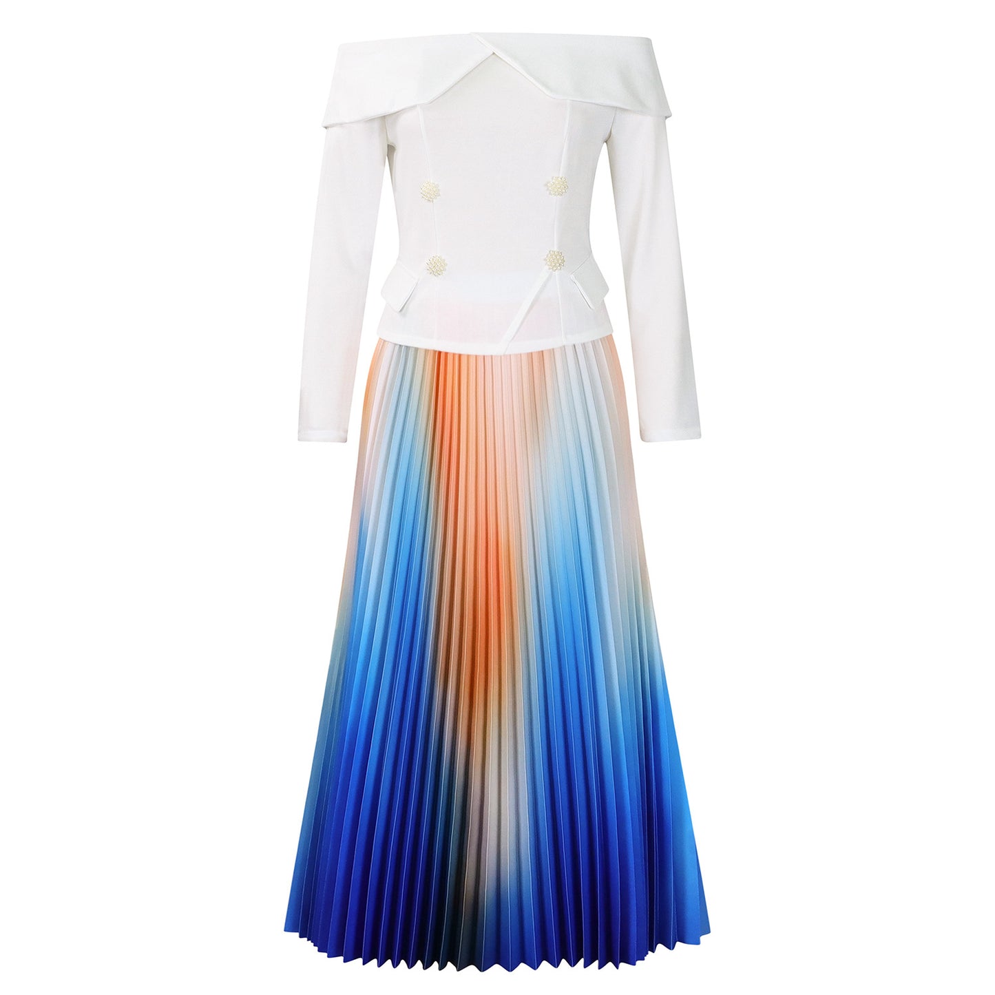 Damen Elegantes Plisseekleid mit schulterfreiem Oberteil und auffälligen Knopfdetails Stalluxe Weiß