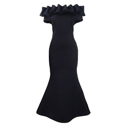 Damen Figurbetontes Abendkleid mit voluminösem Rüschenkragen Stalluxe Schwarz