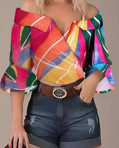 Damen Off-Shoulder Bluse mit buntem Streifenmuster und weiten Ärmeln Stalluxe