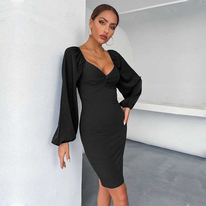 Damen figurbetontes Kleid mit Puffärmeln und Raffung Stalluxe
