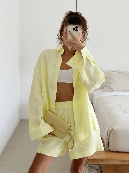 Damen lässige Leinenbluse und Shorts Set Stalluxe