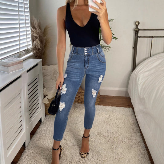 Damen Hochgeschnittene Jeans mit stilvollen Reißverschlussdetails und modernen Destroyed-Effekten Stalluxe