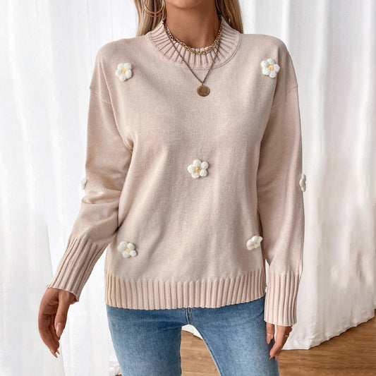 Damen Strickpullover mit zarten Blumenapplikationen Stalluxe