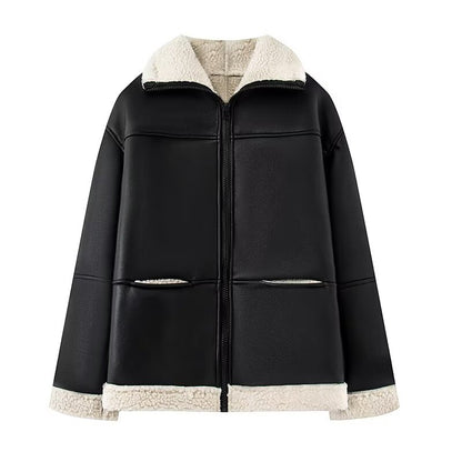 Damen modische Kunstlederjacke mit warmem Fleecefutter und praktischen Taschen Stalluxe