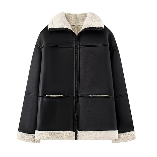 Damen modische Kunstlederjacke mit warmem Fleecefutter und praktischen Taschen Stalluxe