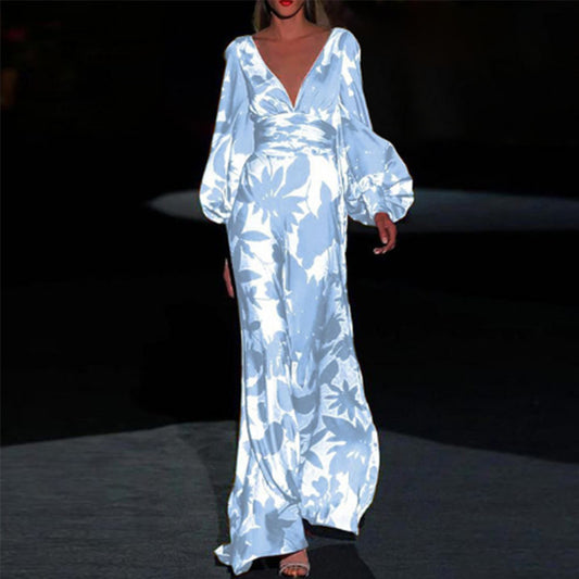 Damen Maxi-Kleid mit tiefem V-Ausschnitt und voluminösen Ärmeln Stalluxe