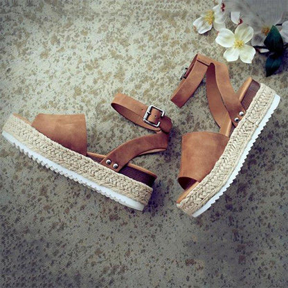 Damen Plateau-Sandalen mit verstellbarem Knöchelriemen und Jute-Details Stalluxe