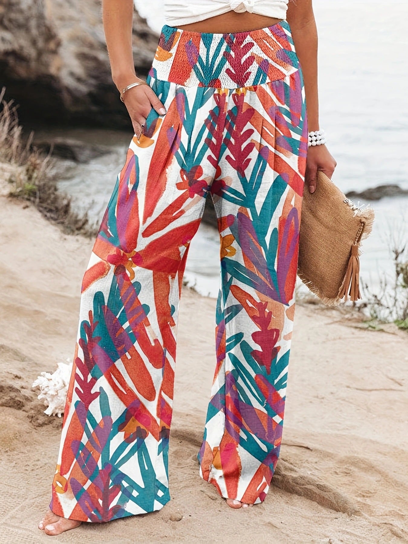 Damen Weit geschnittene Sommerhose mit floralem Print und elastischem Bund Stalluxe