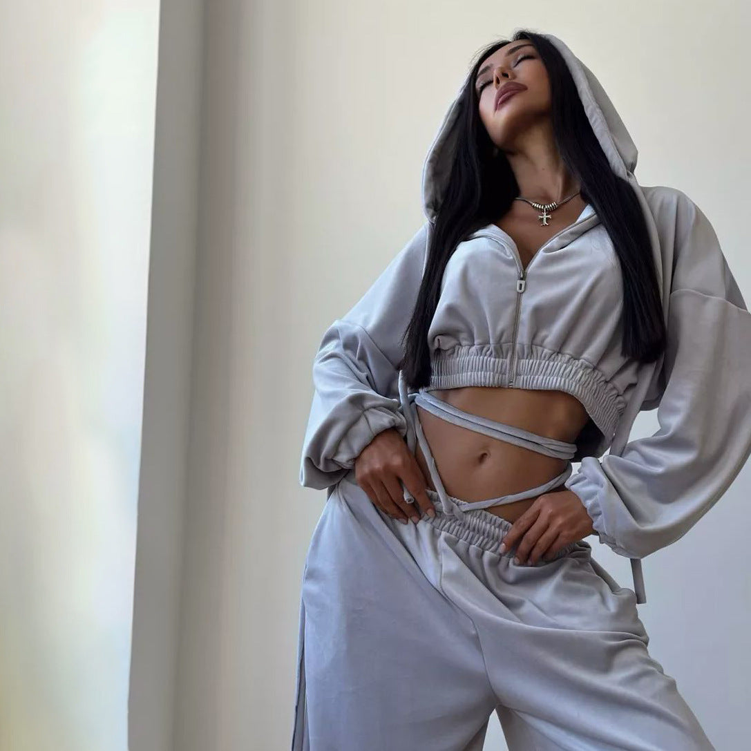 Damen Lässiges Sportanzug-Set mit Kapuzenoberteil und weitem Hosenstil Stalluxe