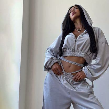 Damen Lässiges Sportanzug-Set mit Kapuzenoberteil und weitem Hosenstil Stalluxe