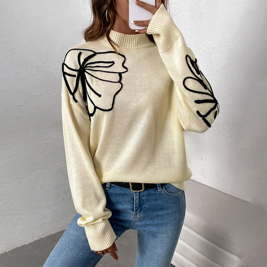 Damen weicher Strickpullover mit floralem Muster und hohem Kragen Stalluxe
