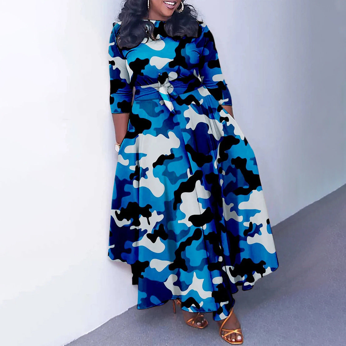 Damen Maxikleid mit Taillengurt und langem Ärmel Stalluxe