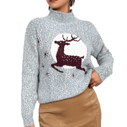 Damen Strickpullover mit festlichem Rentiermotiv und hochgeschlossenem Kragen Stalluxe
