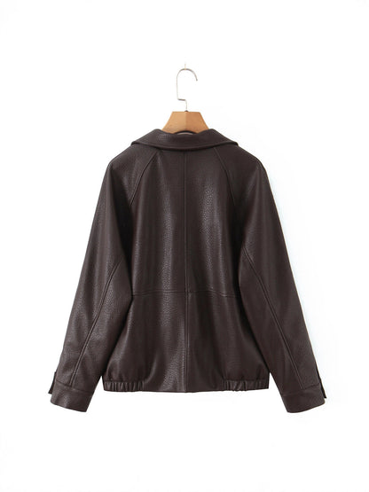 Damen modische Kunstlederjacke mit doppelter Knopfleiste und großem Revers Stalluxe