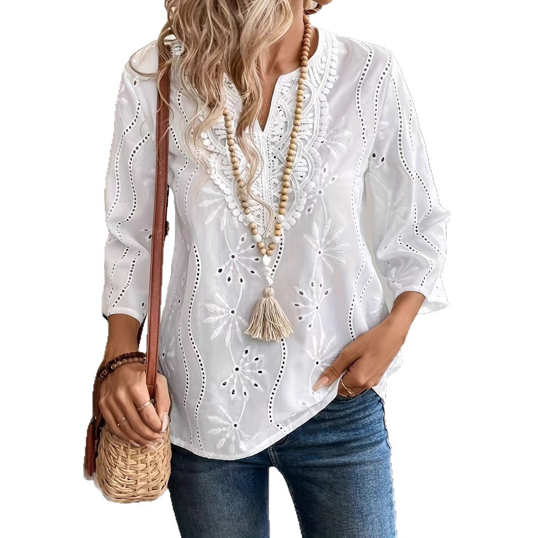 Damen bestickte Bluse mit elegantem V-Ausschnitt und 3/4-Ärmeln Stalluxe