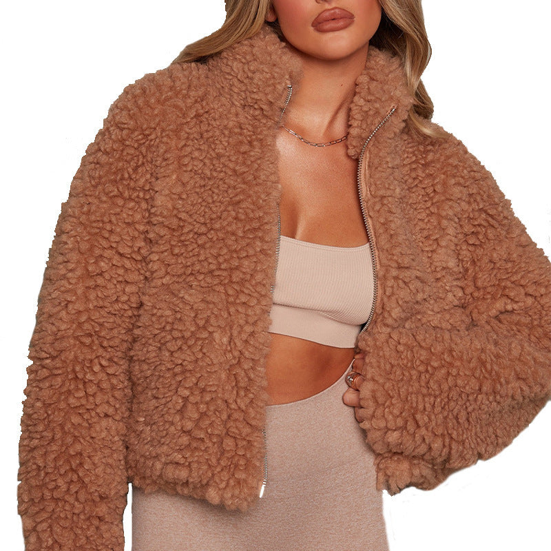 Damen Kuschelige Teddyjacke mit hohem Kragen und praktischen Taschen Stalluxe