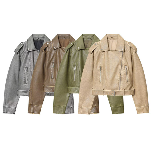 Damen modische Bikerjacke im Vintage-Look mit Taillengürtel und Reißverschlusstaschen Stalluxe